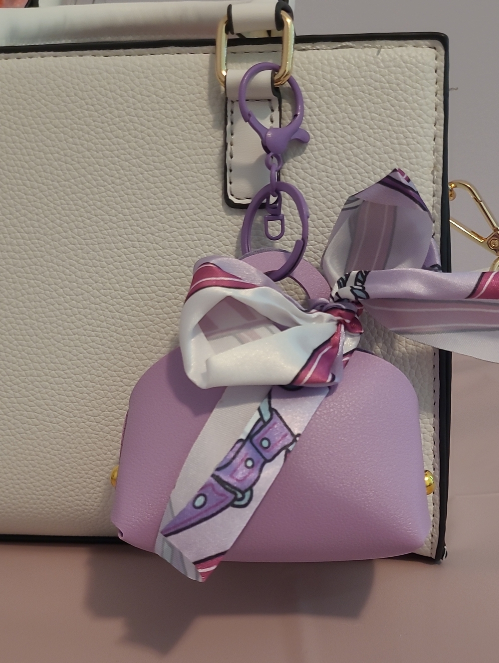 Faux Leather Mini Pouch Keychain - Lavender With Bow Scarf